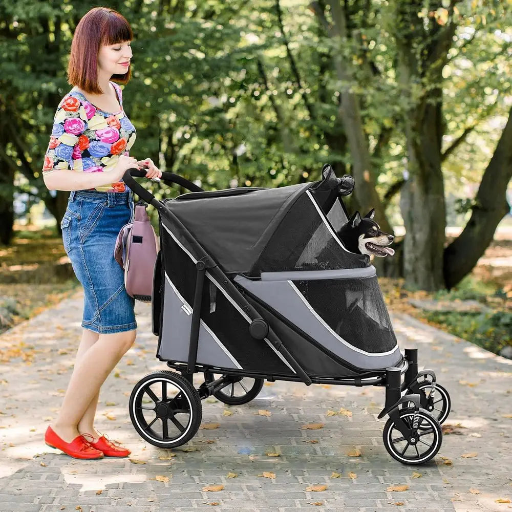 Foldable Pet Stroller With Storage Basket And Shock Absorption For Dogs