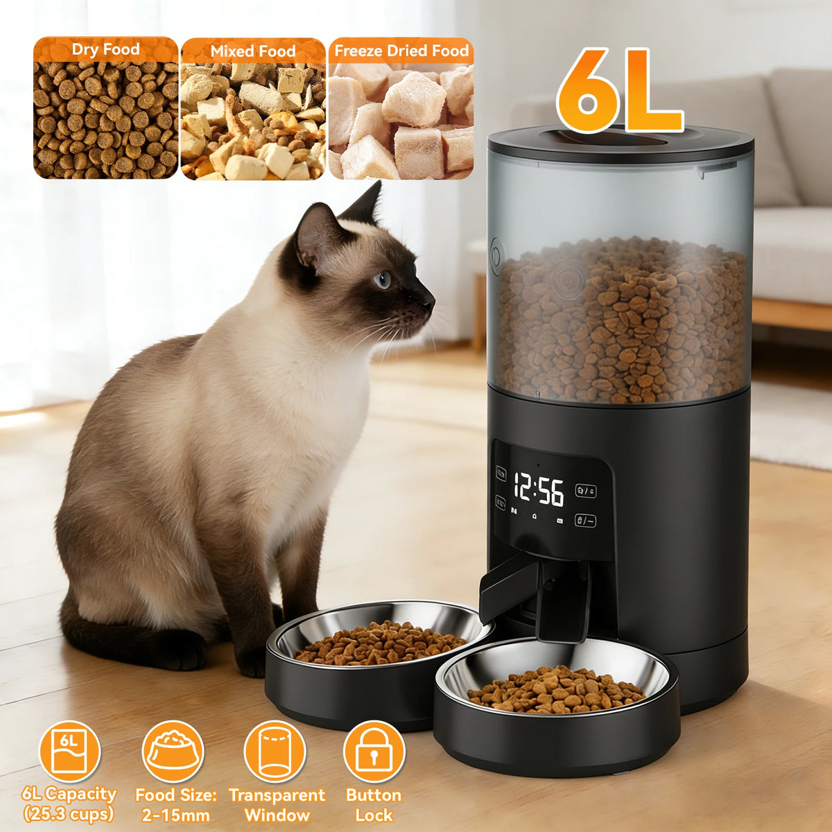 JHK Timed Automatic Cat Feeder With Dual Stainless Steel Bowls