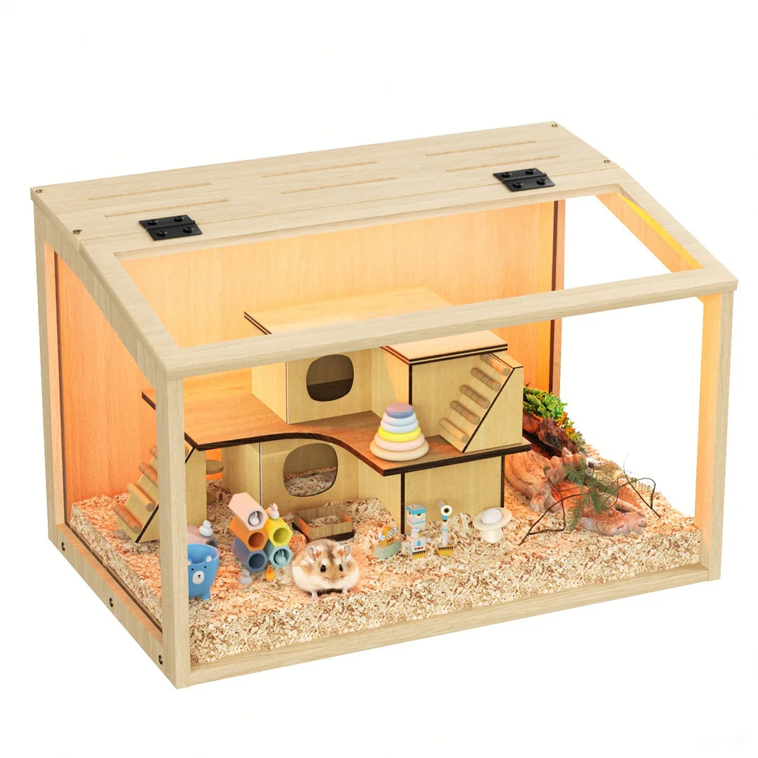 Chew Proof Wooden Hamster Cage With Glass And Led Lighting