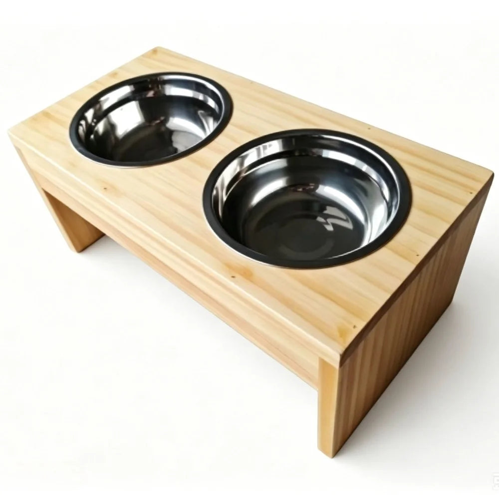 Elevated Wooden Dog Feeder Stand With Dual Stainless Bowls