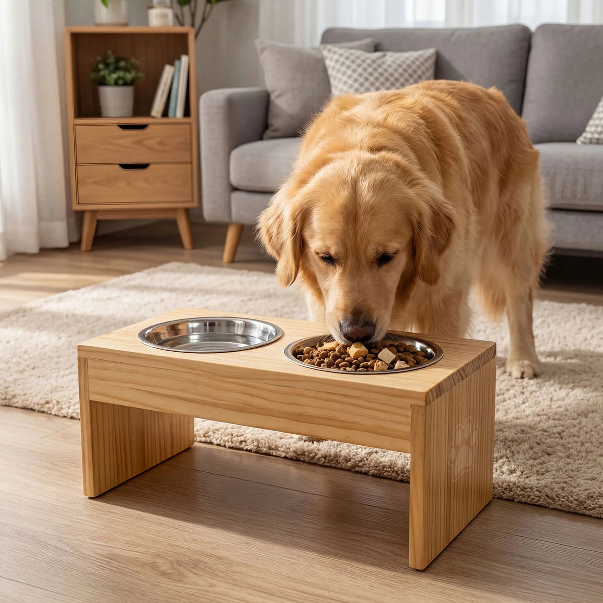 Elevated Wooden Dog Feeder Stand With Dual Stainless Bowls