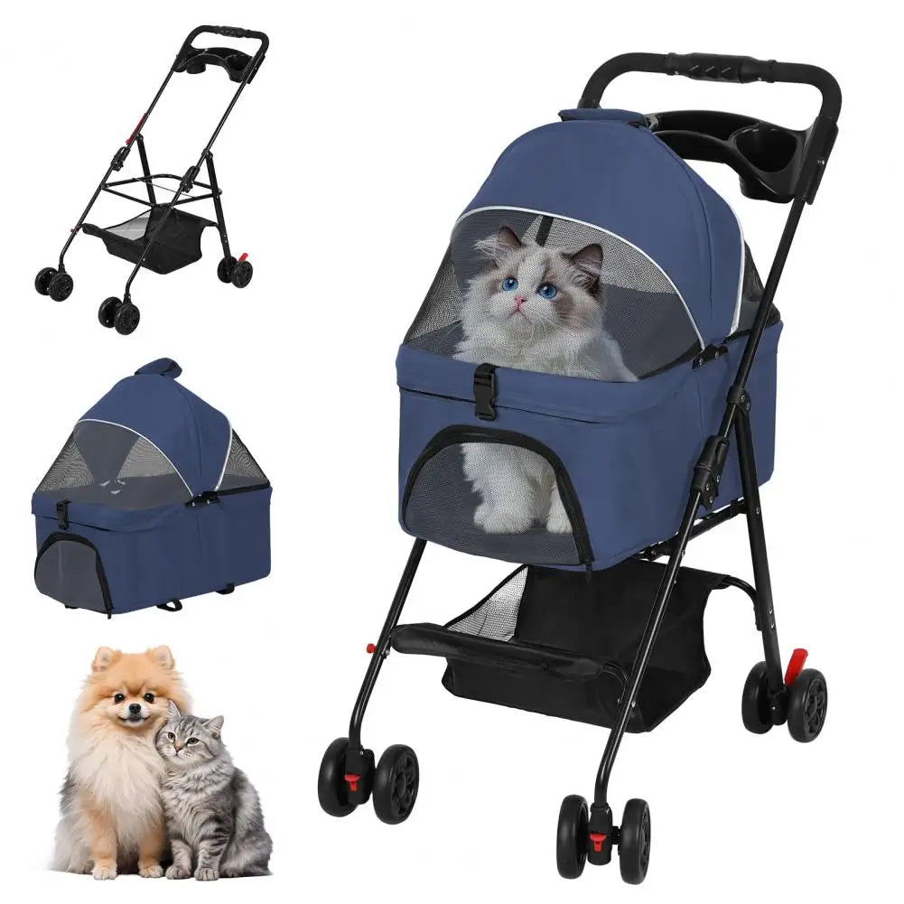 Four Wheeled Foldable Pet Stroller With Carrier Storage Basket