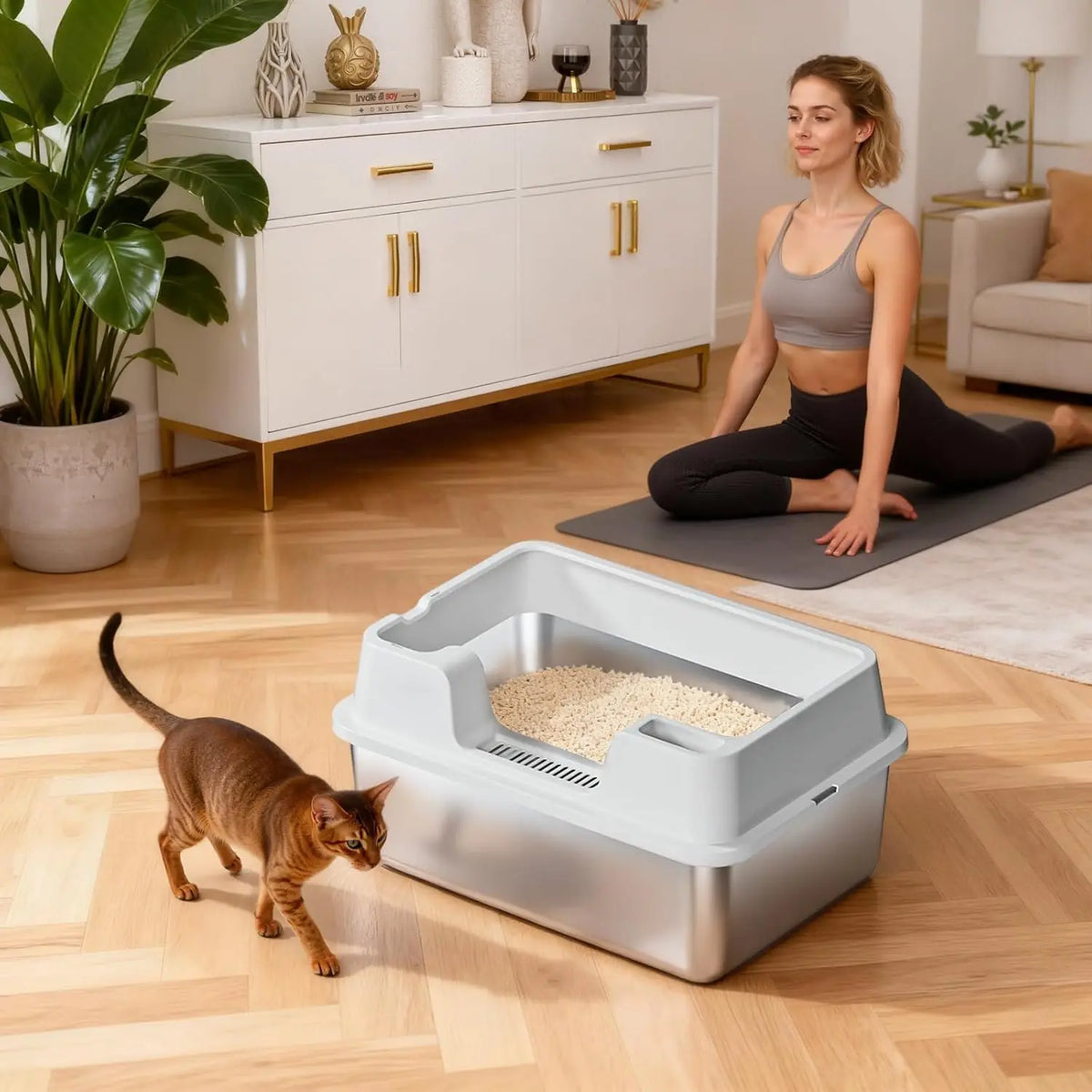 HiMISS Stainless Steel Cat Litter Box With High Sides and Nonstick Base