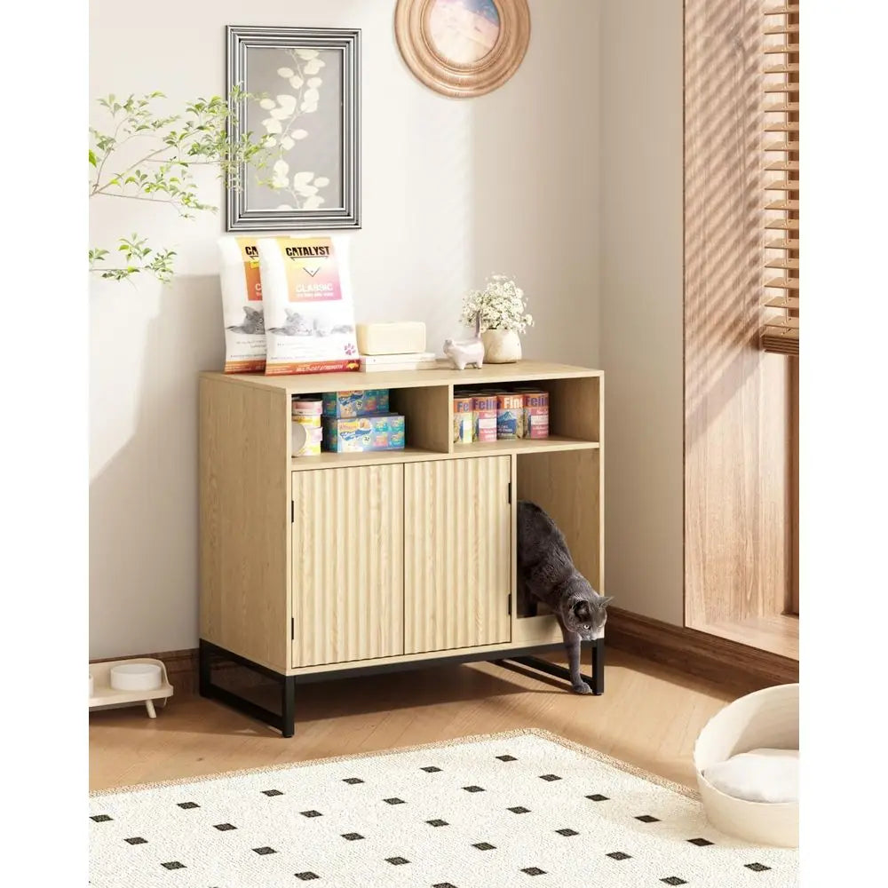 Modern Engineered Wood Cat Litter Box Enclosure With Scratching Pad