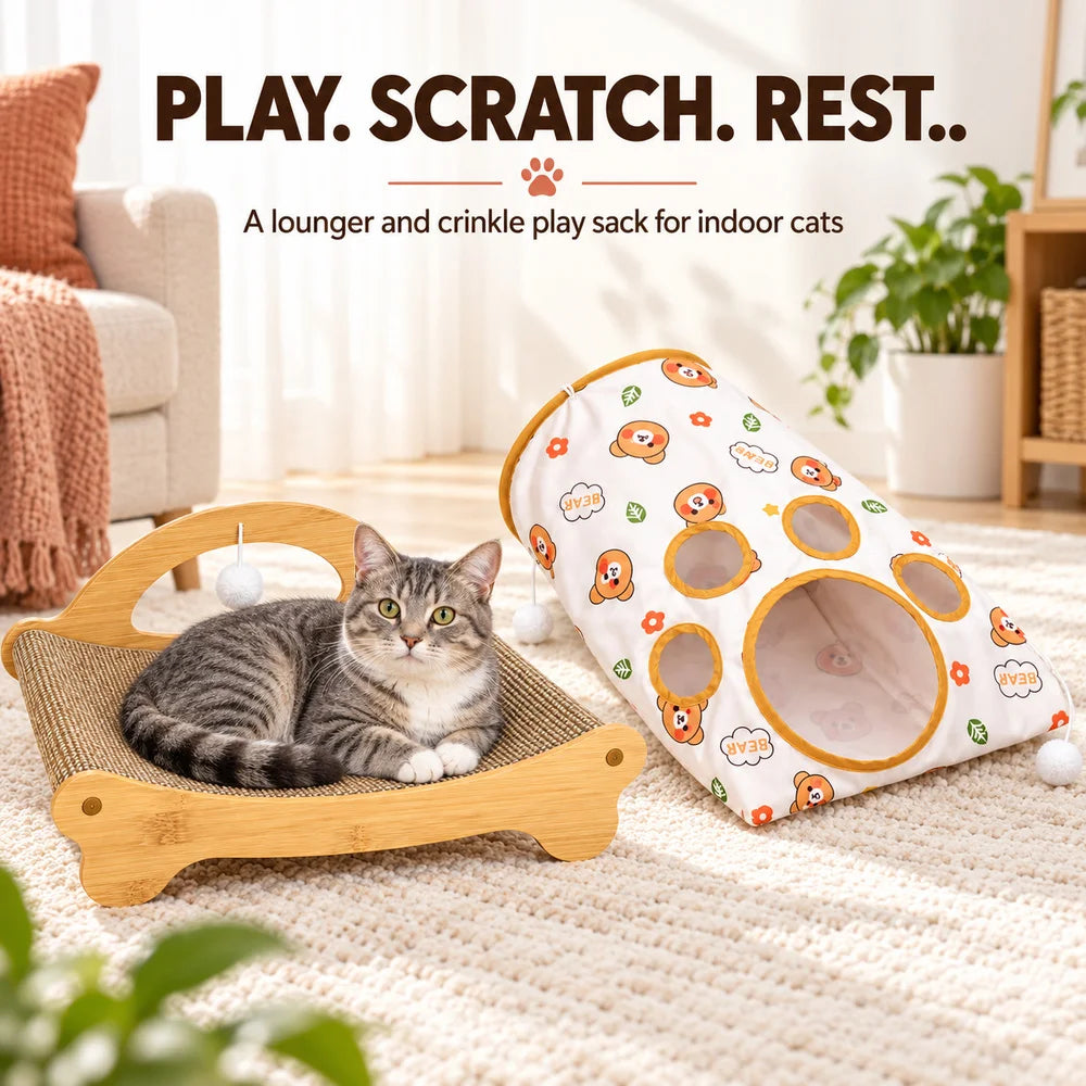 Zoe Cat Scratcher Lounger With Crinkle Tunnel Play Sack