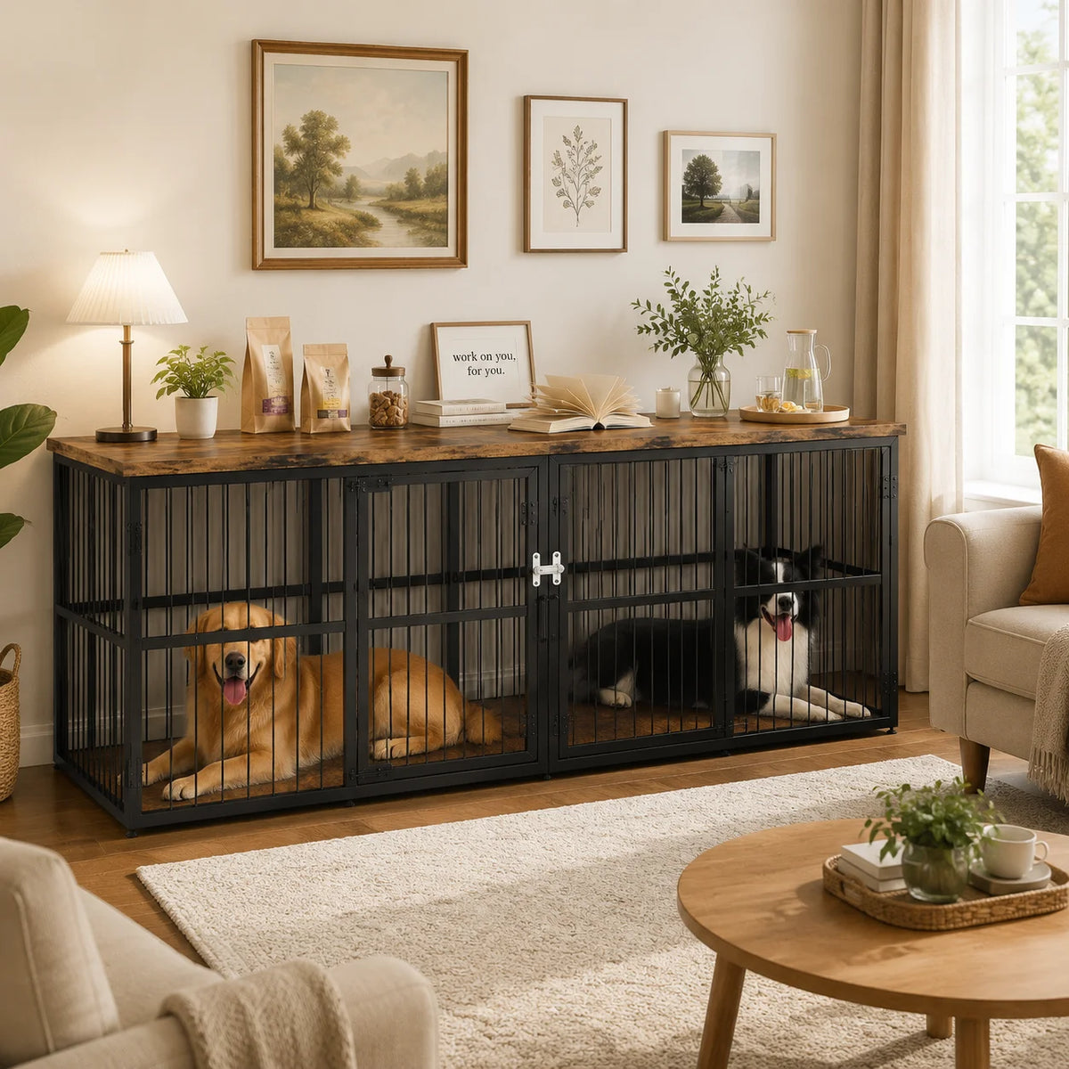 Wooden Indoor Dog Crate Cabinet With Divider And Storage