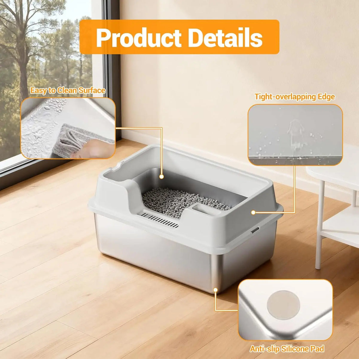 HiMISS Stainless Steel Cat Litter Box With High Sides and Nonstick Base
