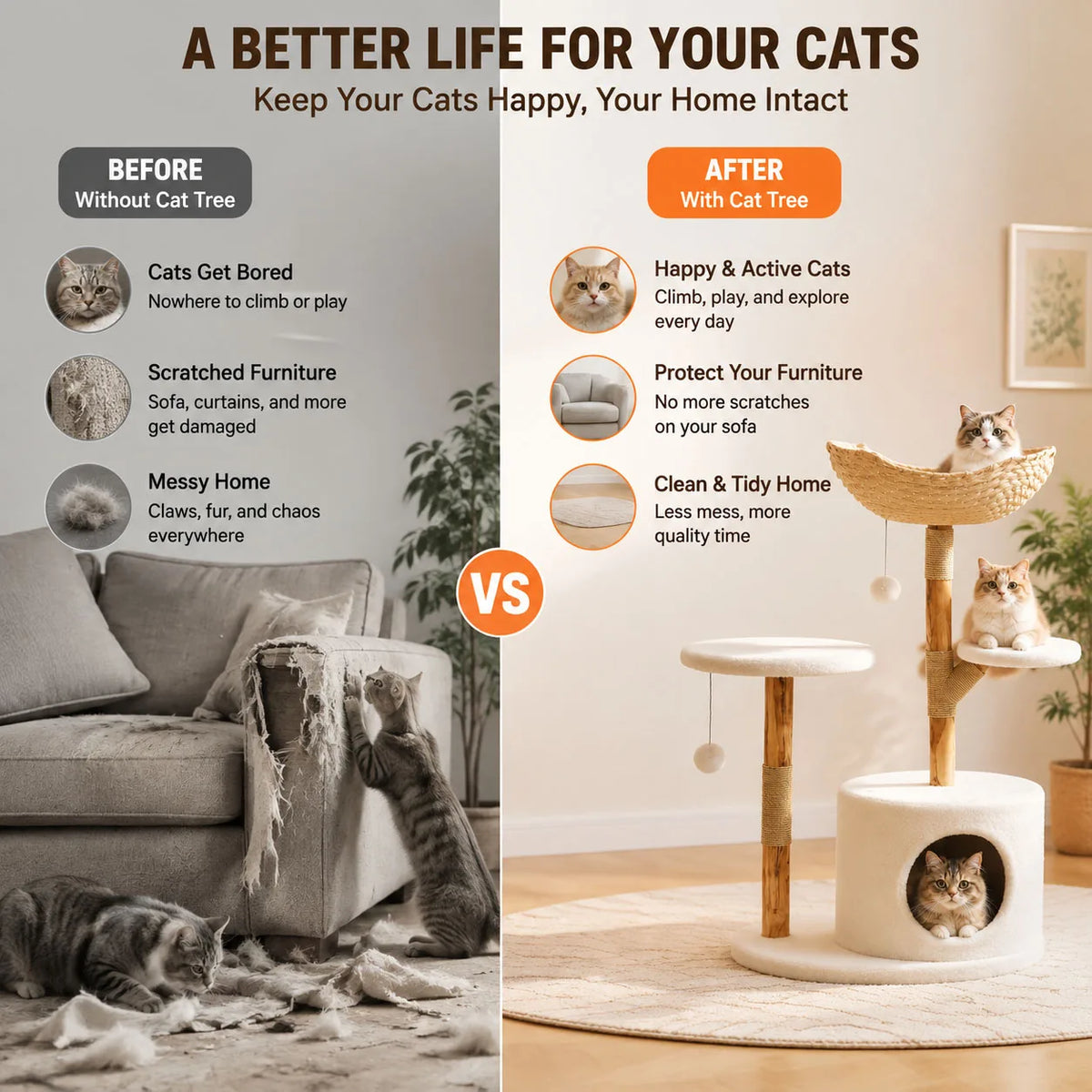 HOSSLLY Wooden Rattan Cat Tree Tower Multi Level Climbing Perches