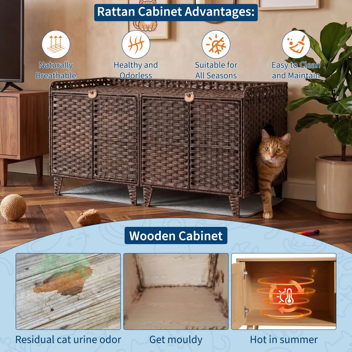 HiMISS Rattan Litter Box Enclosure, Hidden Furniture for Two Cats