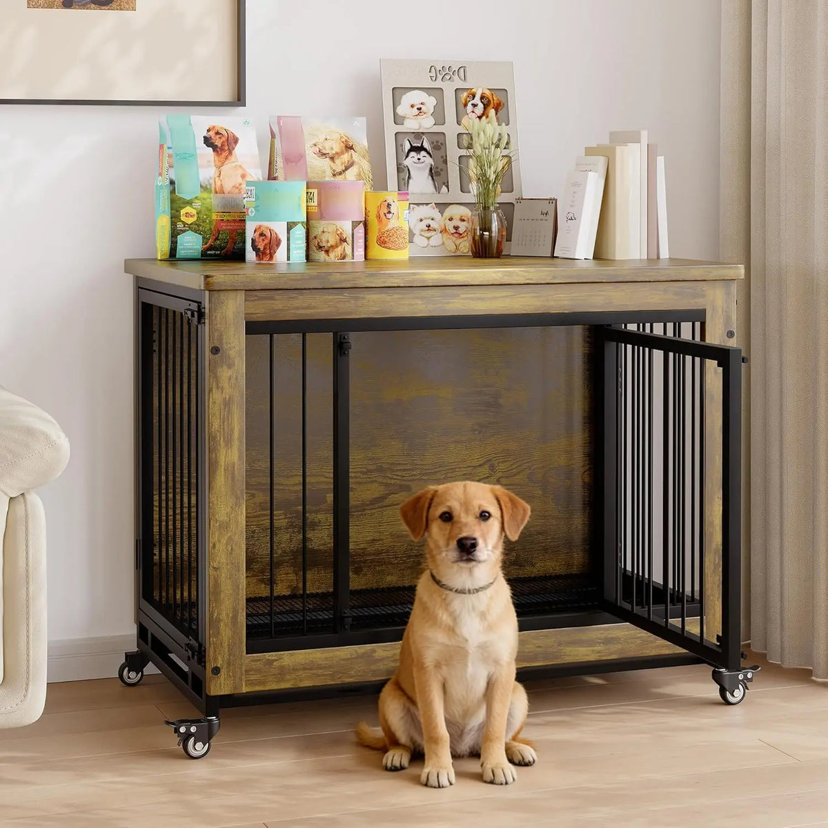 ANIXOL Wooden Dog Crate Furniture With Removable Tray Divider