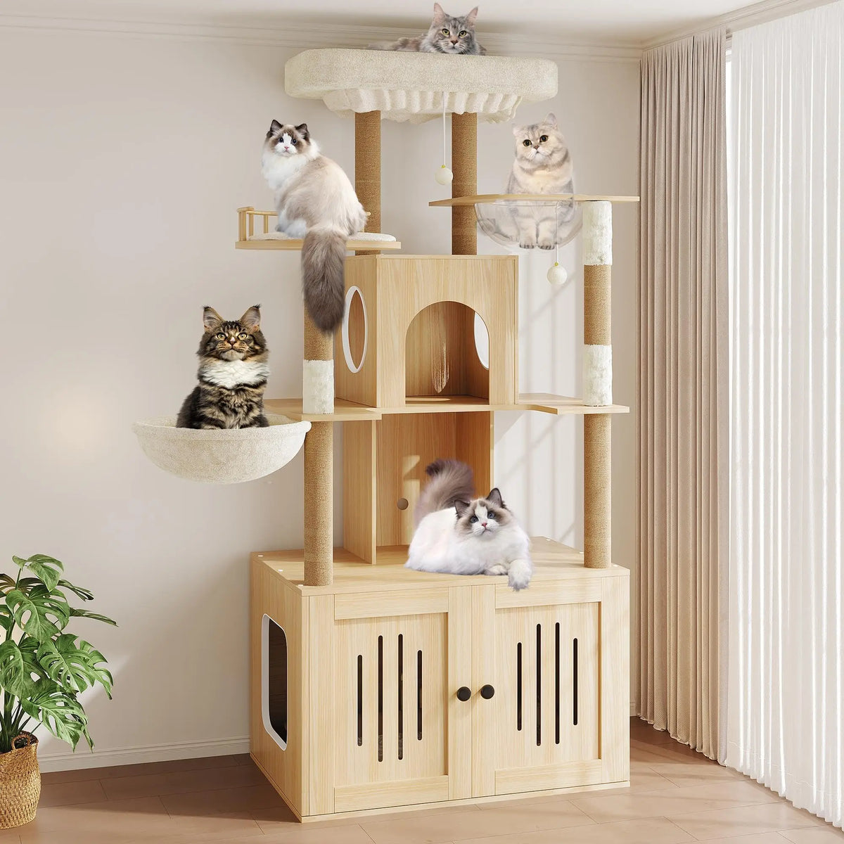 HOSSLLY Cat Tree Featuring Hidden Litter Box And Scratching Posts