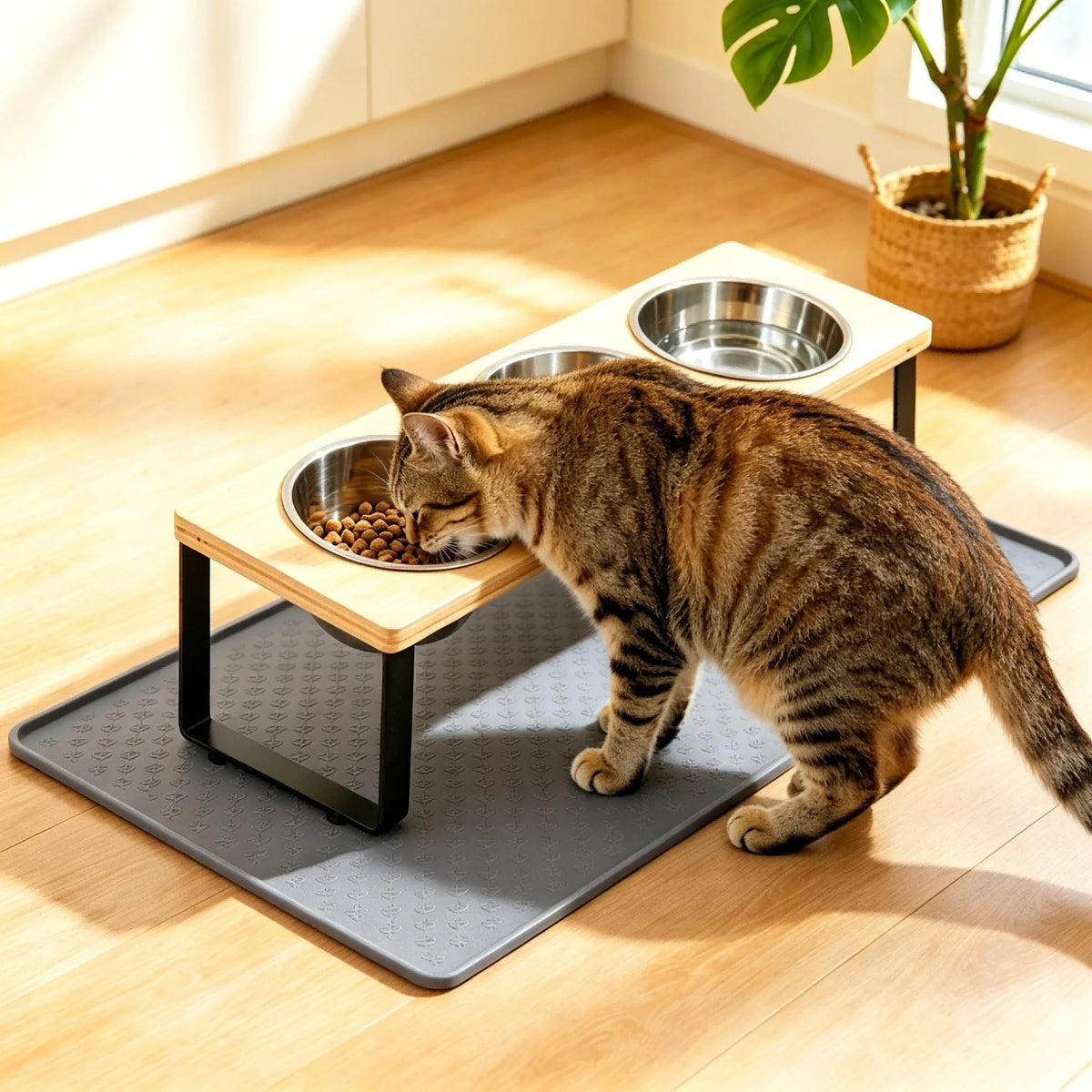 Elevated Stainless Steel Three Bowl Pet Feeder With Bamboo Base