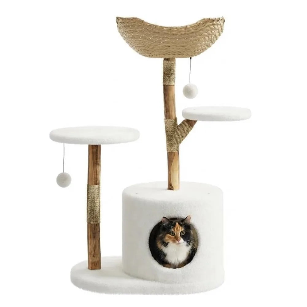 HOSSLLY Wooden Rattan Cat Tree Tower Multi Level Climbing Perches