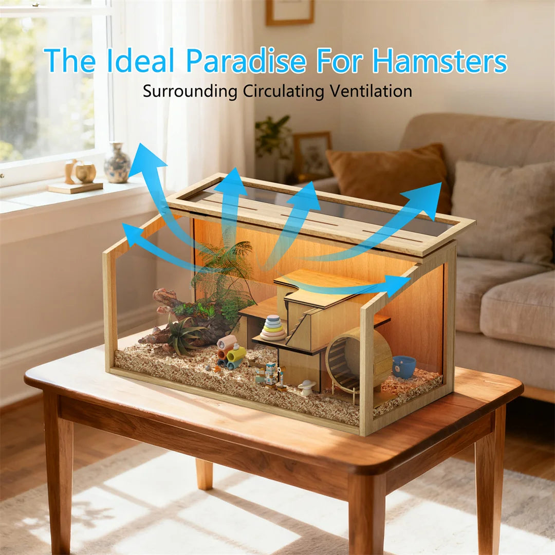 Chew Proof Wooden Hamster Cage With Glass And Led Lighting