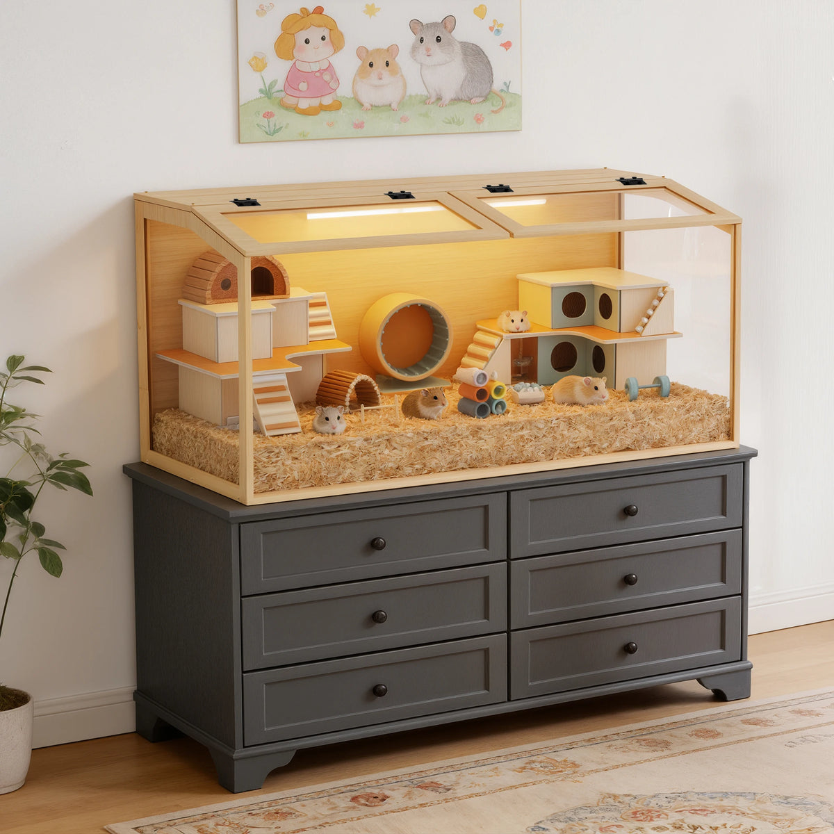 Chew Proof Wooden Hamster Cage With Glass And Led Lighting