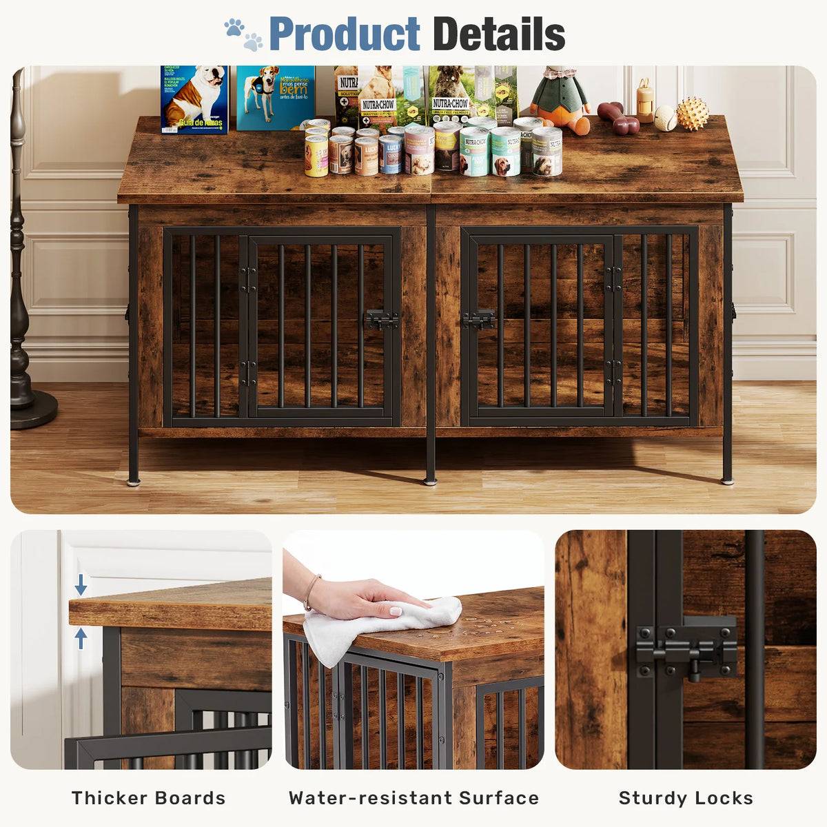 JHK Double Door Wooden Dog Kennel With Divider For Home