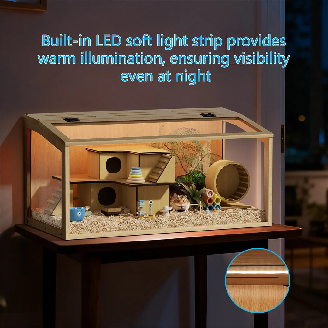 Chew Proof Wooden Hamster Cage With Glass And Led Lighting