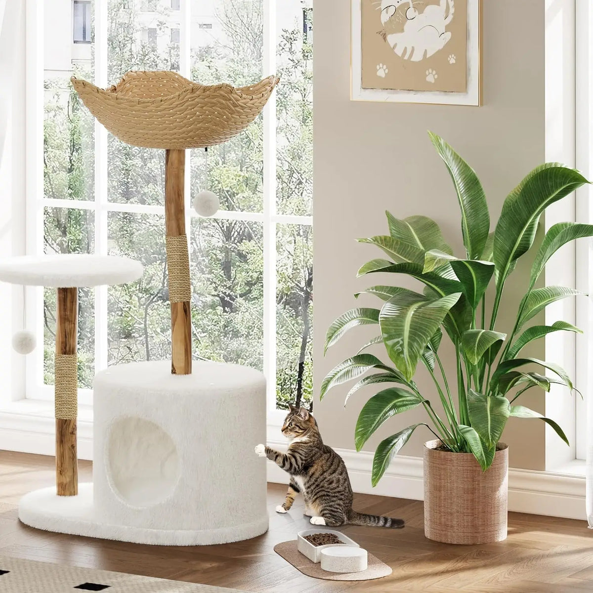 HOSSLLY Wooden Rattan Cat Tree Tower Multi Level Climbing Perches