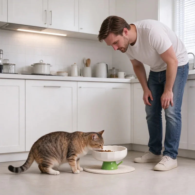Elevated Ceramic Cat Bowl With Slanted Rim And Glossy Finish