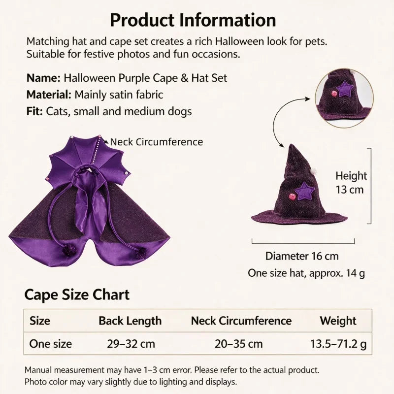 Premium Pet Witch Costume With Cloak And Hat For Cats