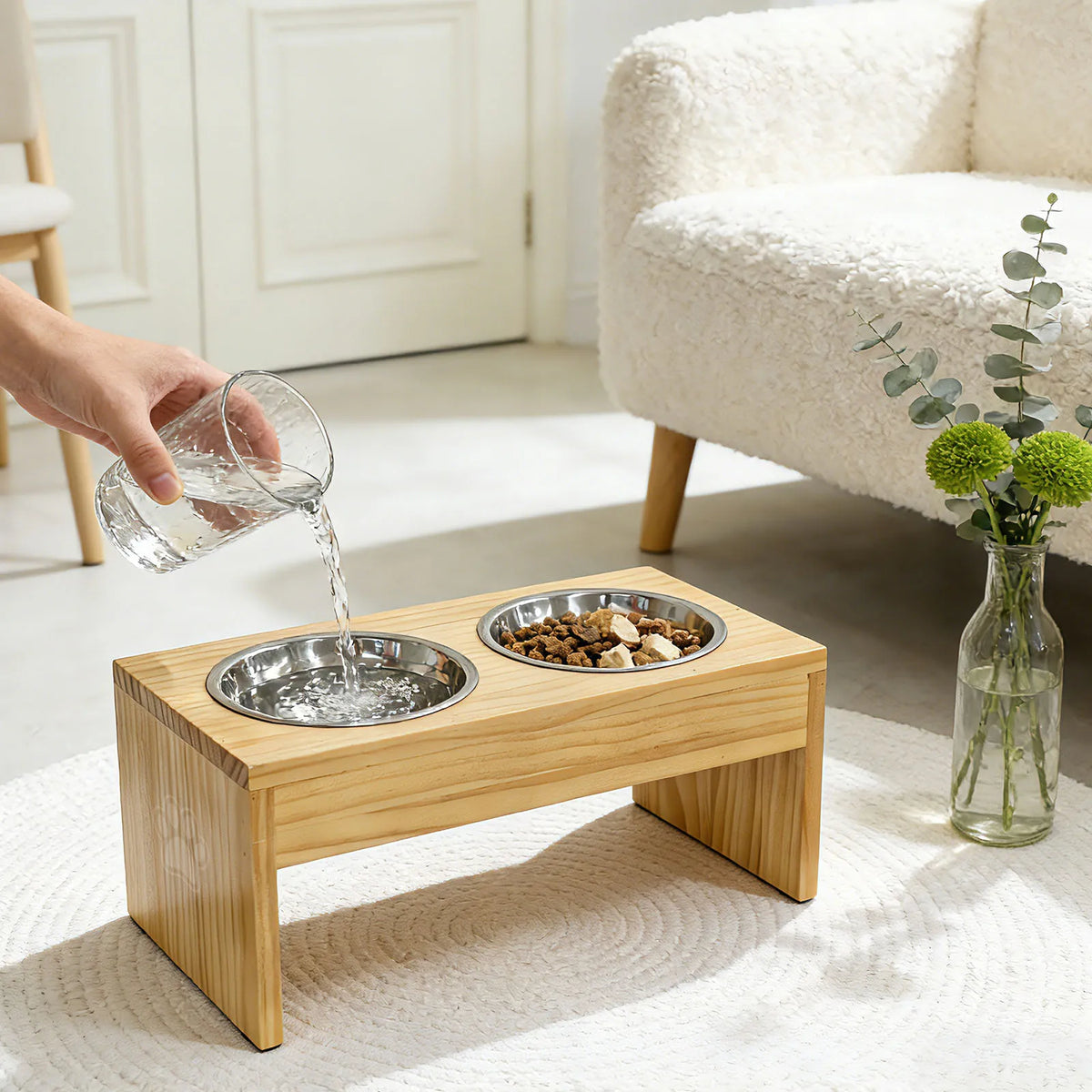Elevated Wooden Dog Feeder Stand With Dual Stainless Bowls