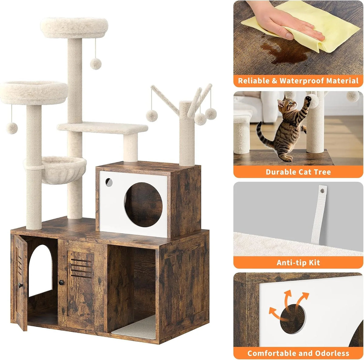 Modern Cat Tower With Hidden Litter Box Enclosure And Scratching Posts
