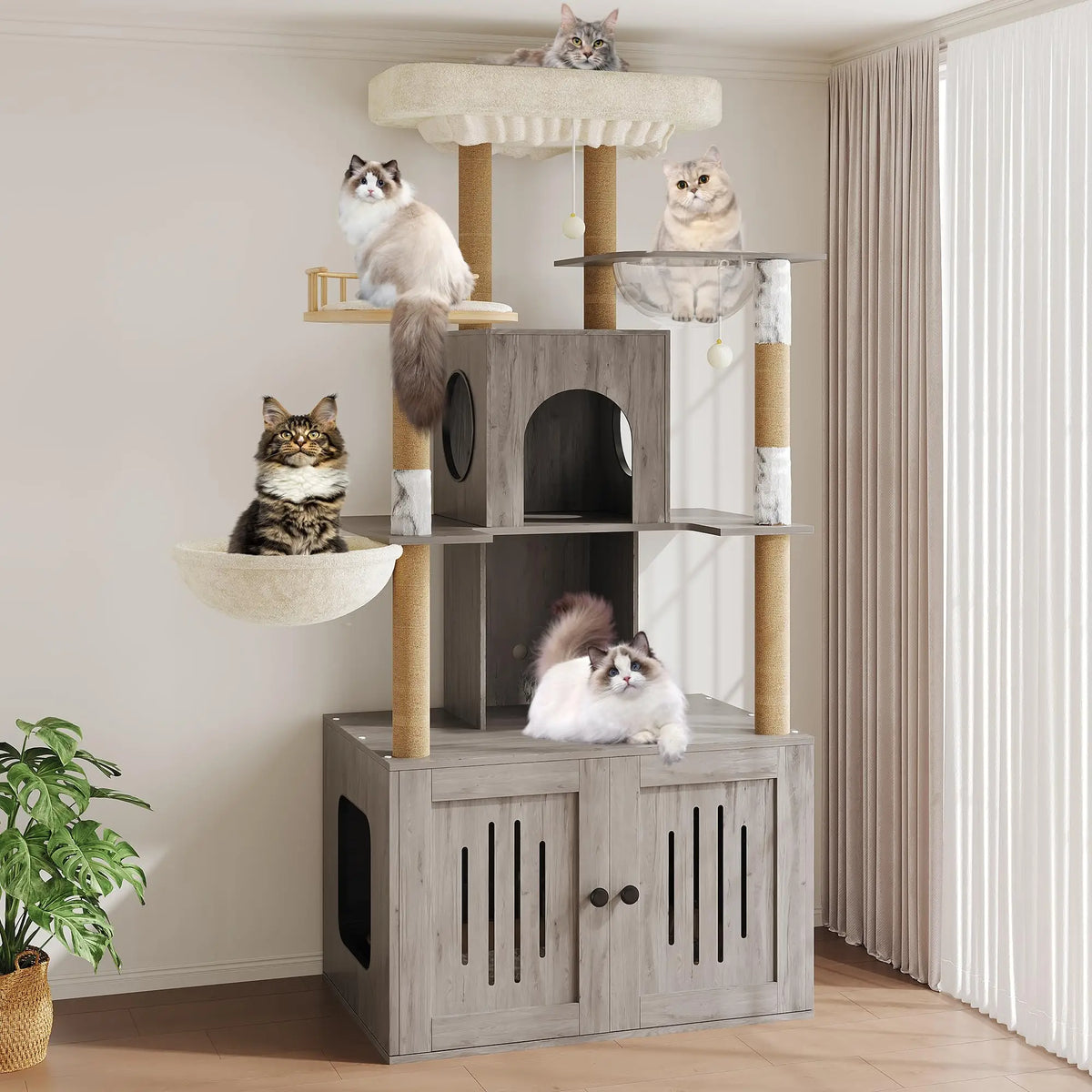 HOSSLLY Cat Tree Featuring Hidden Litter Box And Scratching Posts