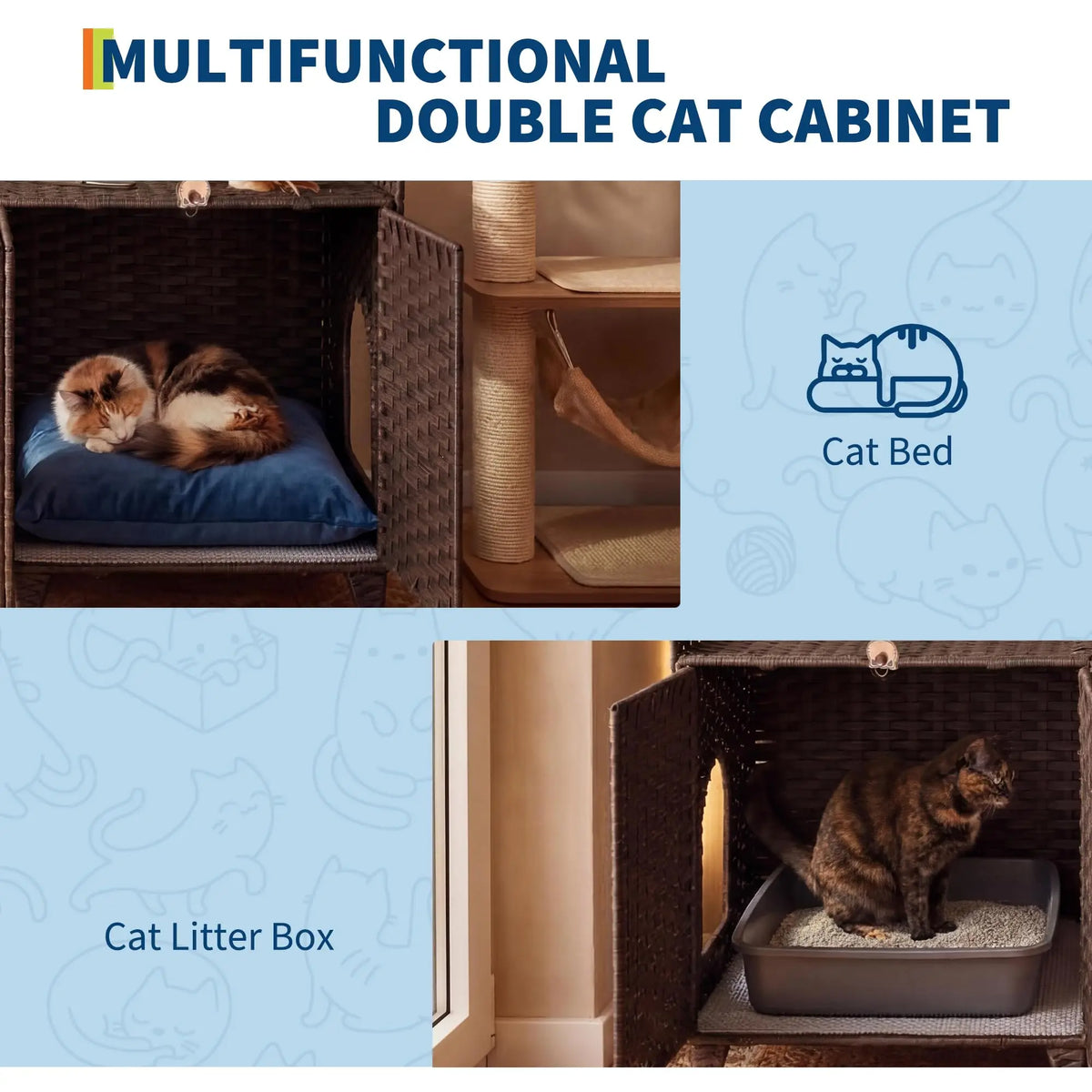 HiMISS Rattan Litter Box Enclosure, Hidden Furniture for Two Cats