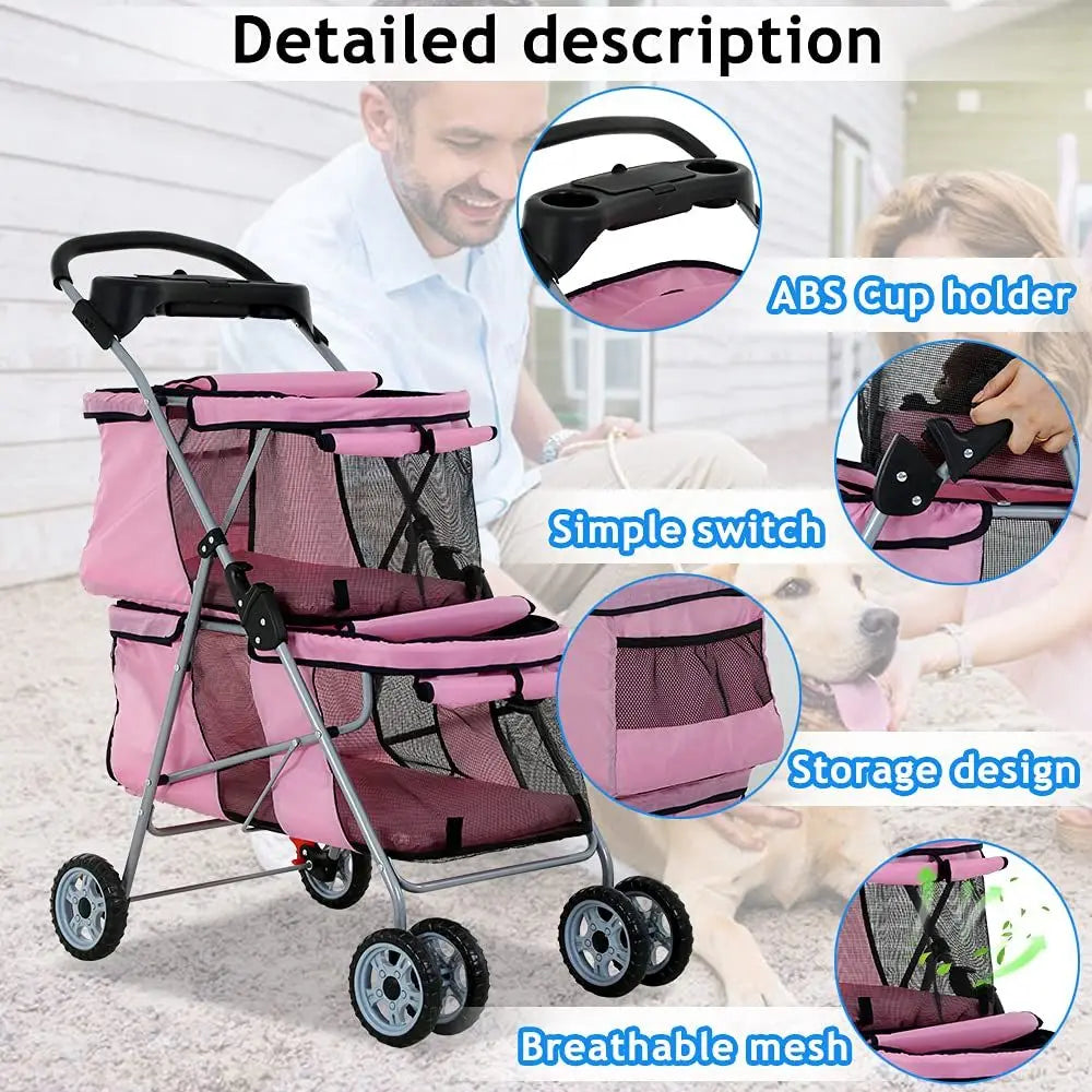 Versatile Double Pet Stroller With Folding Frame And Cup Holder
