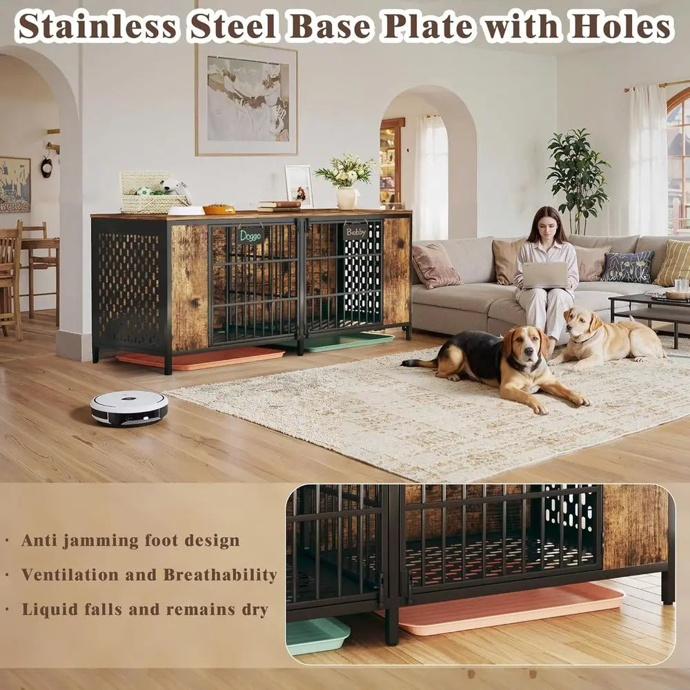 Sturdy Metal And Wood Double Dog Kennel For Indoors
