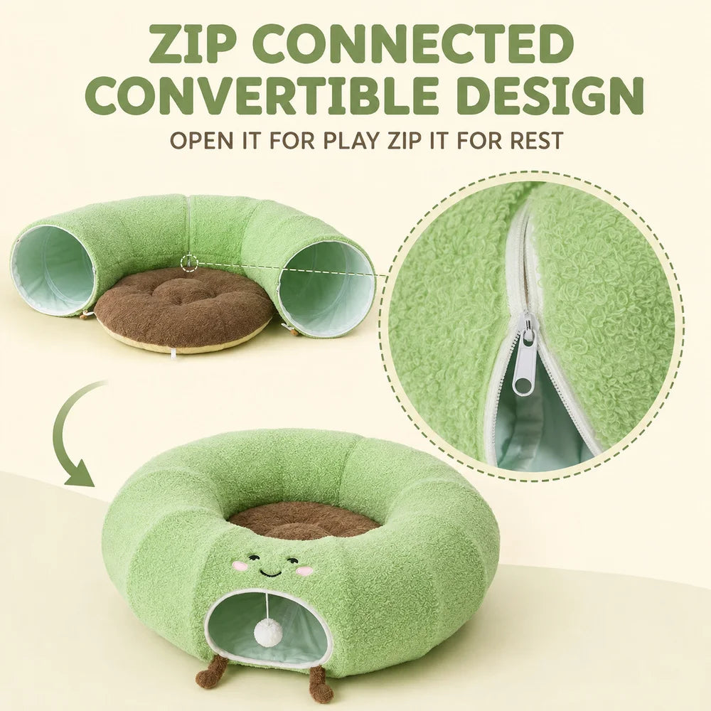 Convertible Cat Tunnel Bed With Plush Cushion And Play Hideaway