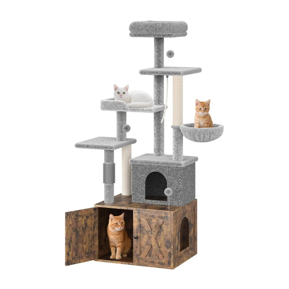 Modern Cat Tree Featuring Integrated Litter Box And Play Platforms