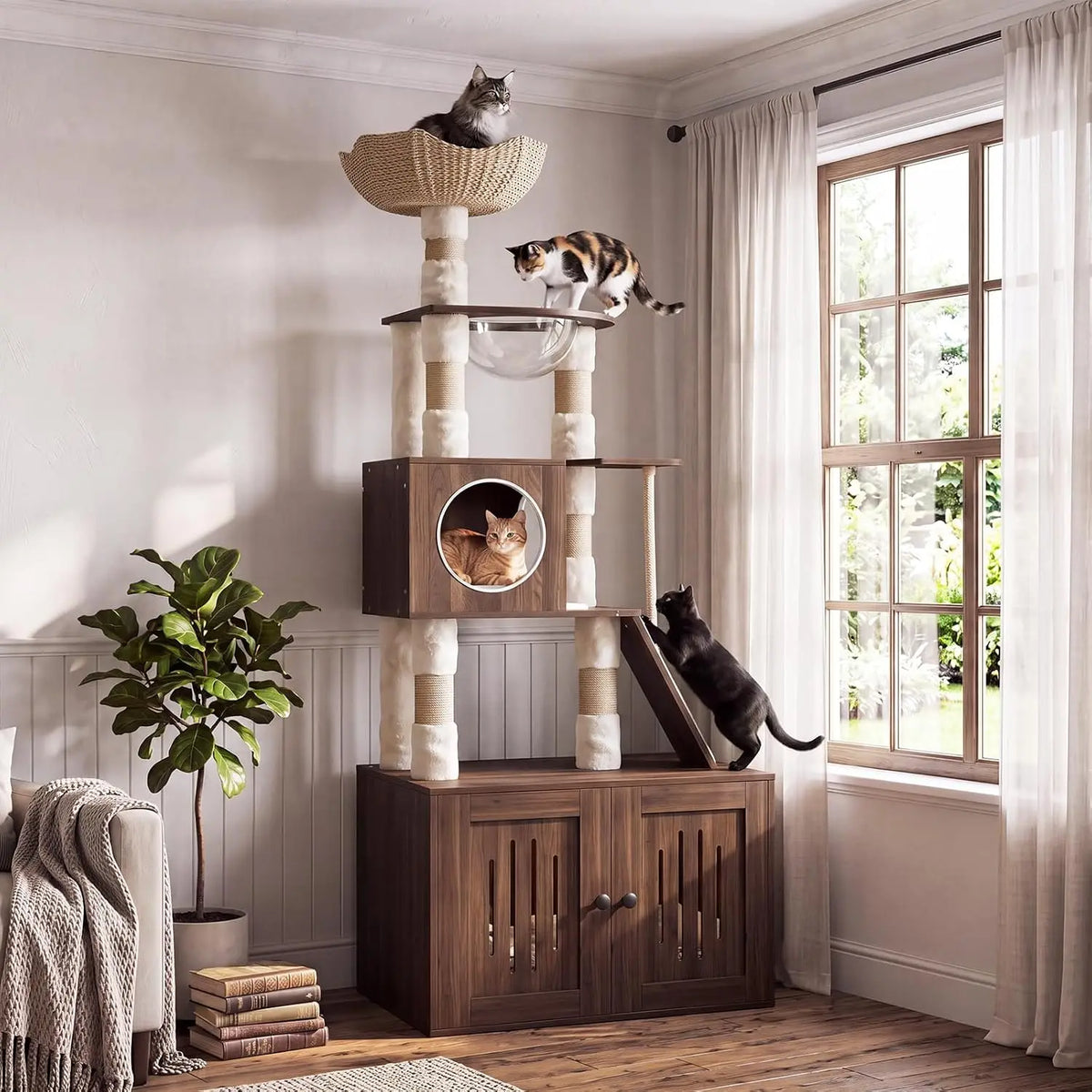 Twister Rattan Space Capsule Cat Condo With Litter Box Scratchers