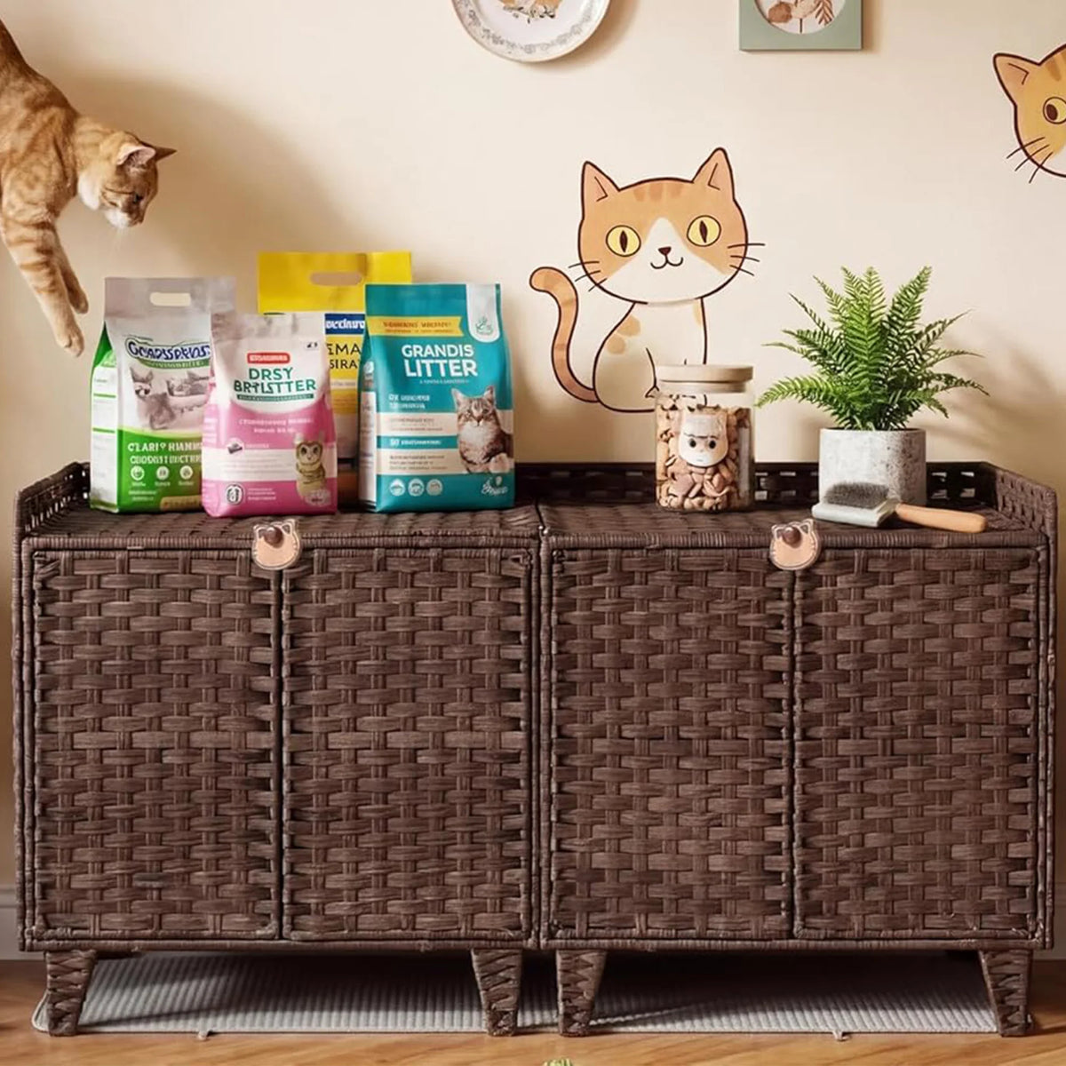 HiMISS Rattan Litter Box Enclosure, Hidden Furniture for Two Cats