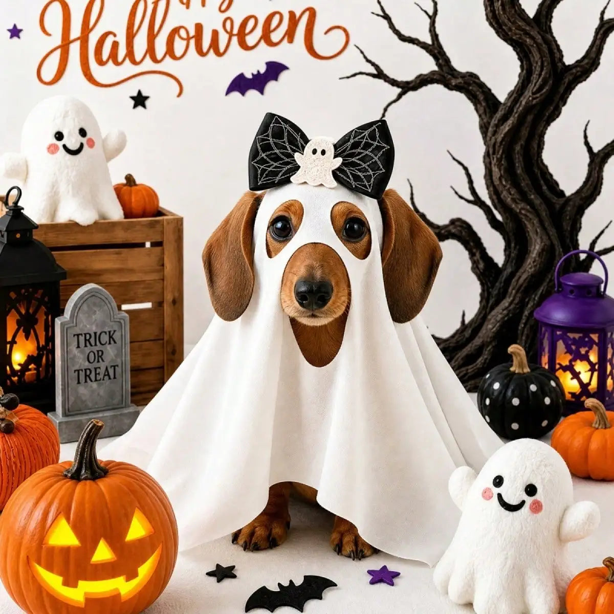 Funny Dog Halloween Ghost Costume With Bow Accessory For Pets
