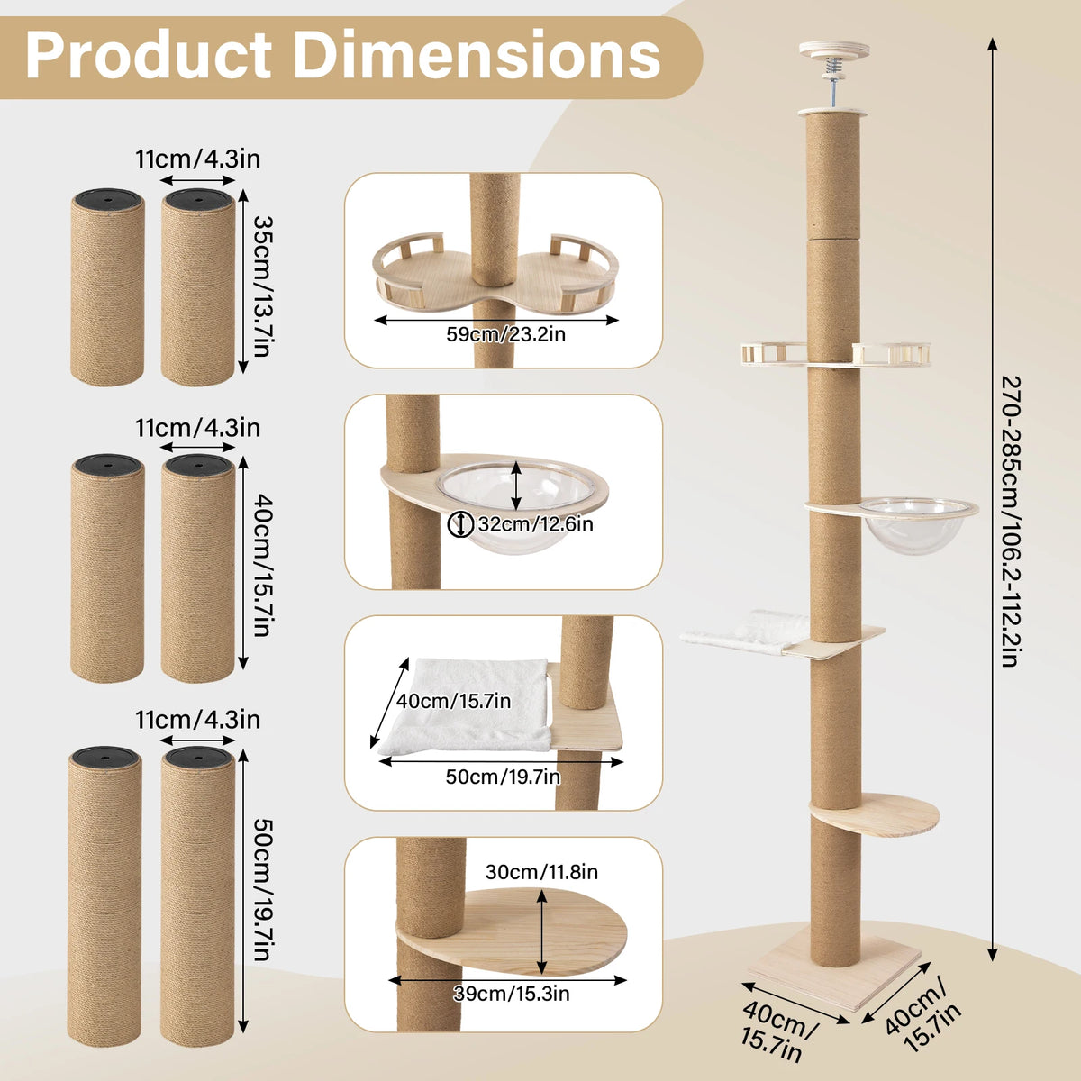 Multi Level Cat Tree With Hammock And Adjustable Scratching Post