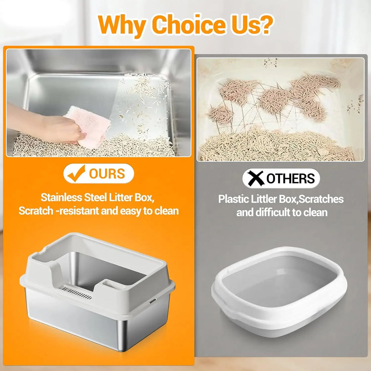 HiMISS Stainless Steel Cat Litter Box With High Sides and Nonstick Base