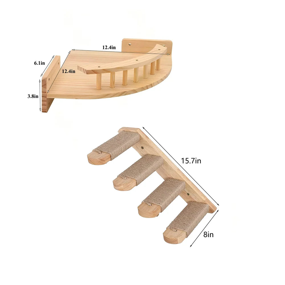CWV Pine Wood Wall Mounted Indoor Cat Climbing Tree Shelf