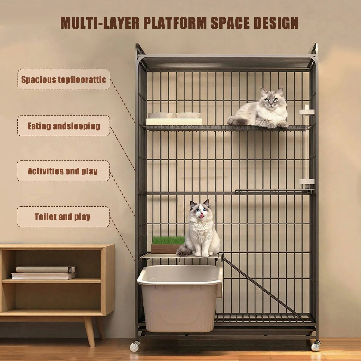 ATUOTIN 4-Tier Cat Cage With Wheels And Rolling Storage Tray