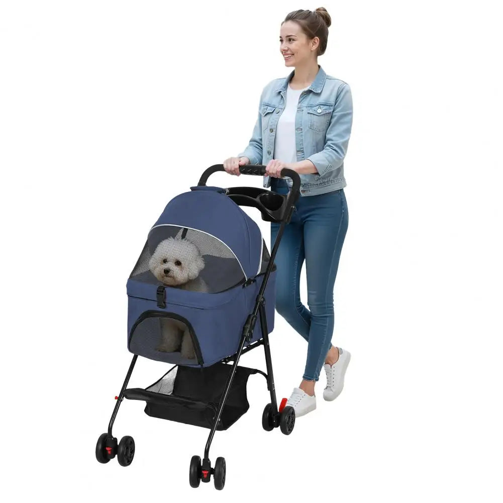Four Wheeled Foldable Pet Stroller With Carrier Storage Basket