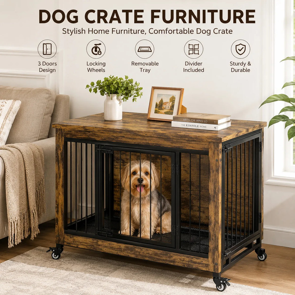 ANIXOL Wooden Dog Crate Furniture With Removable Tray Divider