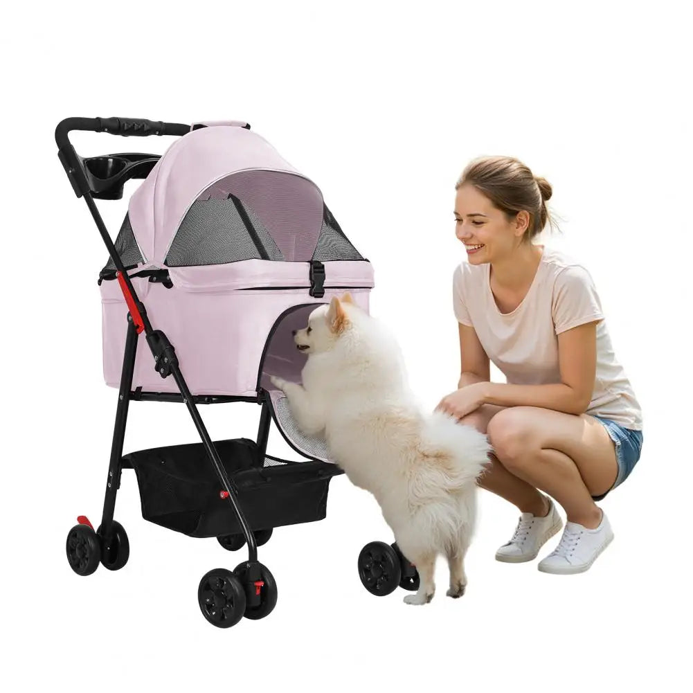 Four Wheeled Foldable Pet Stroller With Carrier Storage Basket