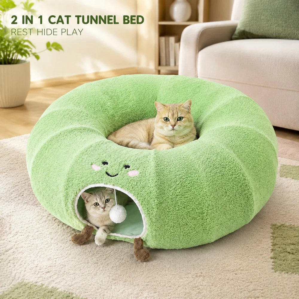 Convertible Cat Tunnel Bed With Plush Cushion And Play Hideaway