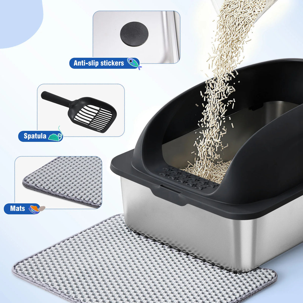JHK Stainless Steel Litter Box With Lid Scoop And Mat