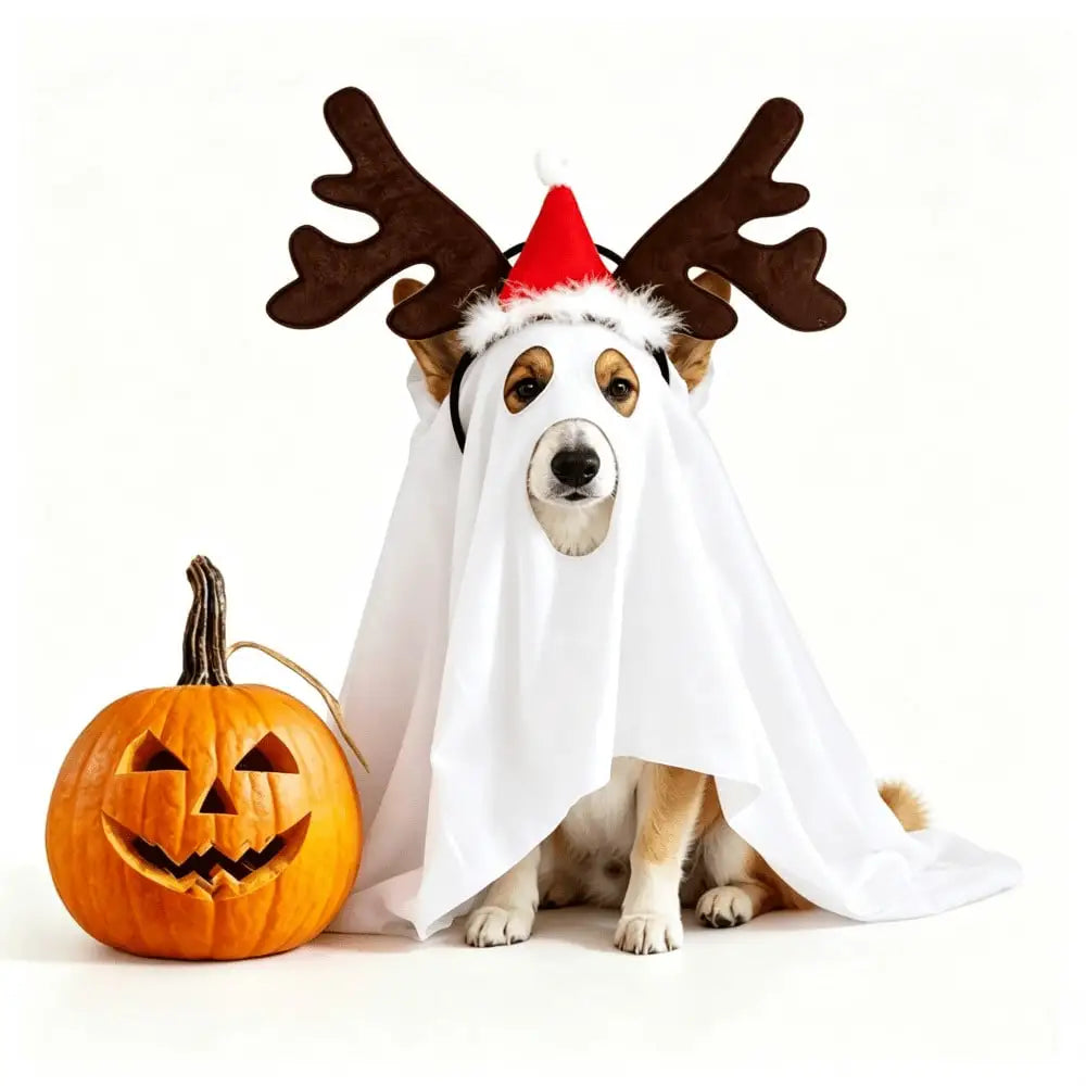 Ghost Halloween Pet Cape Reindeer Antlers Headband Costume Set