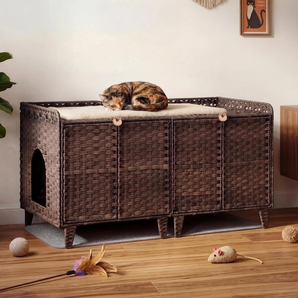 HiMISS Rattan Litter Box Enclosure, Hidden Furniture for Two Cats