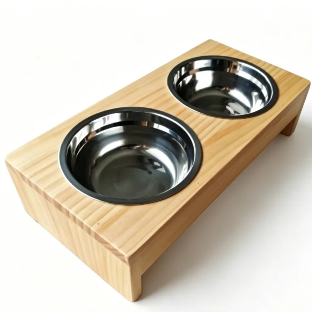 Elevated Wooden Dog Feeder Stand With Dual Stainless Bowls