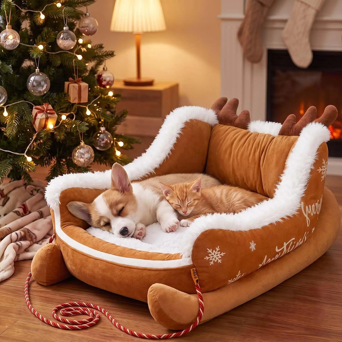 Christmas Sleigh Dog Bed with Raised Sides and Plush Comfort