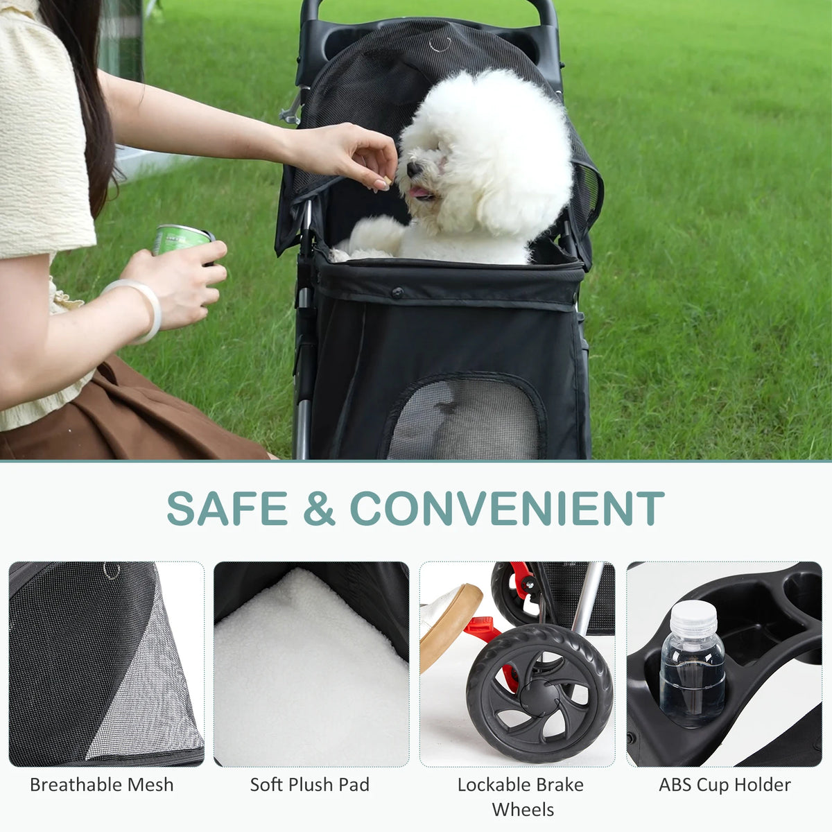 Foldable Three Wheel Pet Stroller For Small Dogs With Basket
