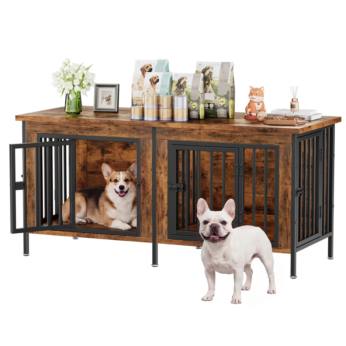 JHK Double Door Wooden Dog Kennel With Divider For Home